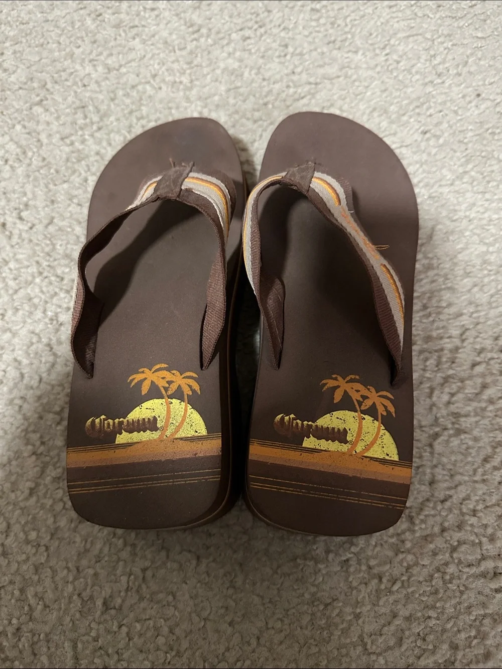 Corona Thong Wedge Brown Flip Flops with Yellow and Orange Sunset Palm Design